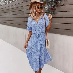 Blue with Floral Daisy Print Short Sleeve Tie Shirt Dress